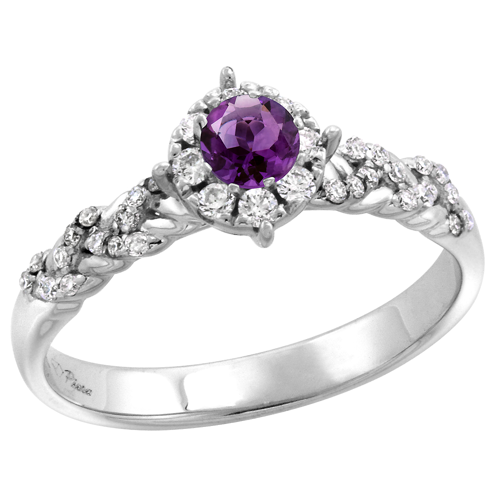 14k White Gold Diamond Halo Genuine Amethyst Engagement Ring Round Brilliant cut 4mm, size 5-10