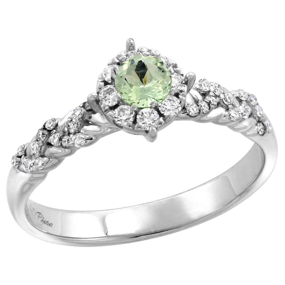 14k White Gold Diamond Halo Genuine Green Amethyst Engagement Ring Round Brilliant cut 4mm, size 5-10