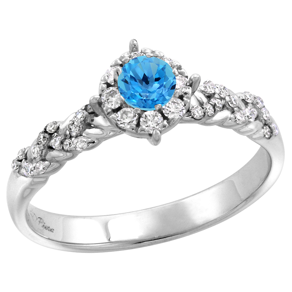 14k White Gold Diamond Halo Genuine Swiss Blue Topaz Engagement Ring Round Brilliant cut 4mm, size 5-10
