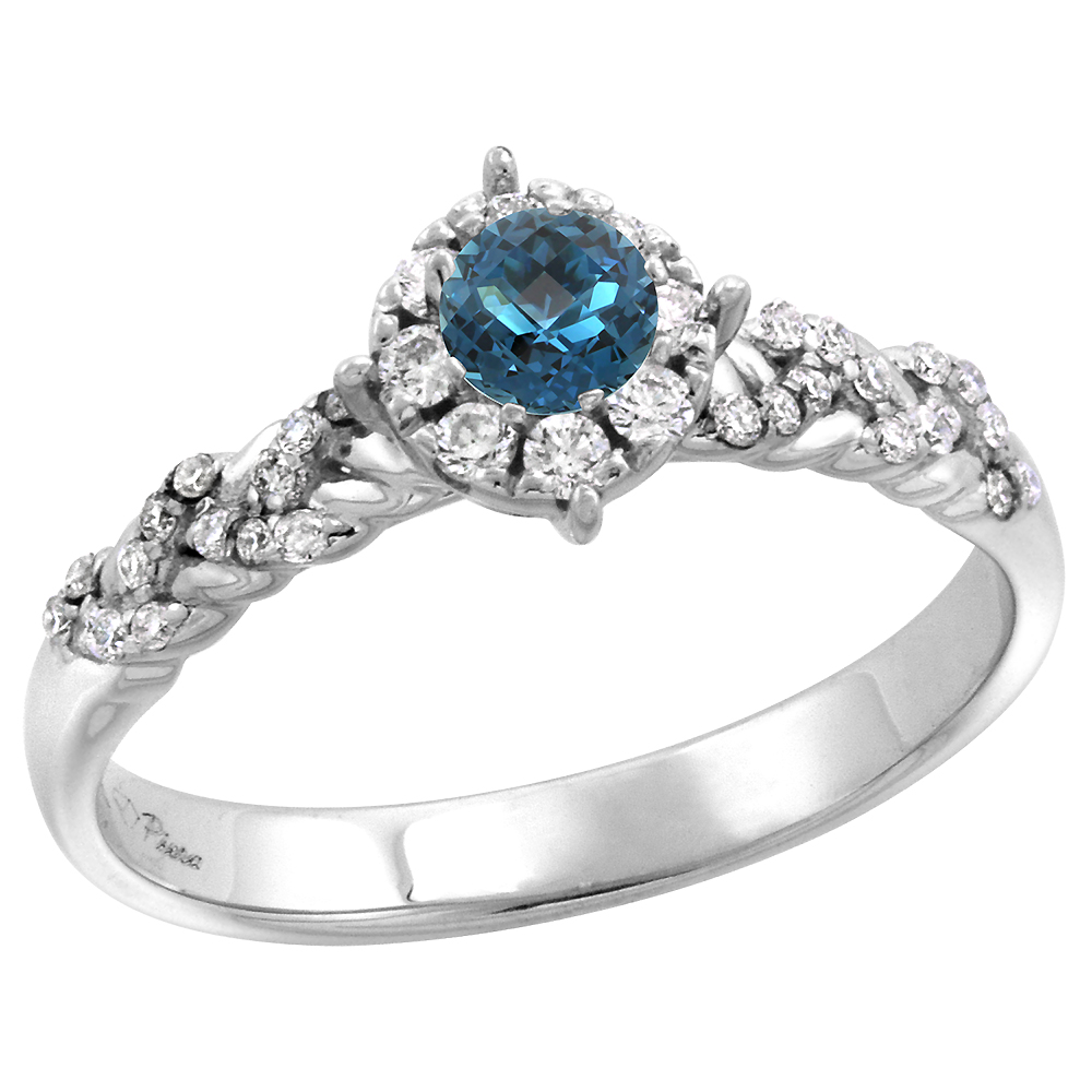 14k White Gold Diamond Halo Genuine London Blue Topaz Engagement Ring Round Brilliant cut 4mm, size 5-10