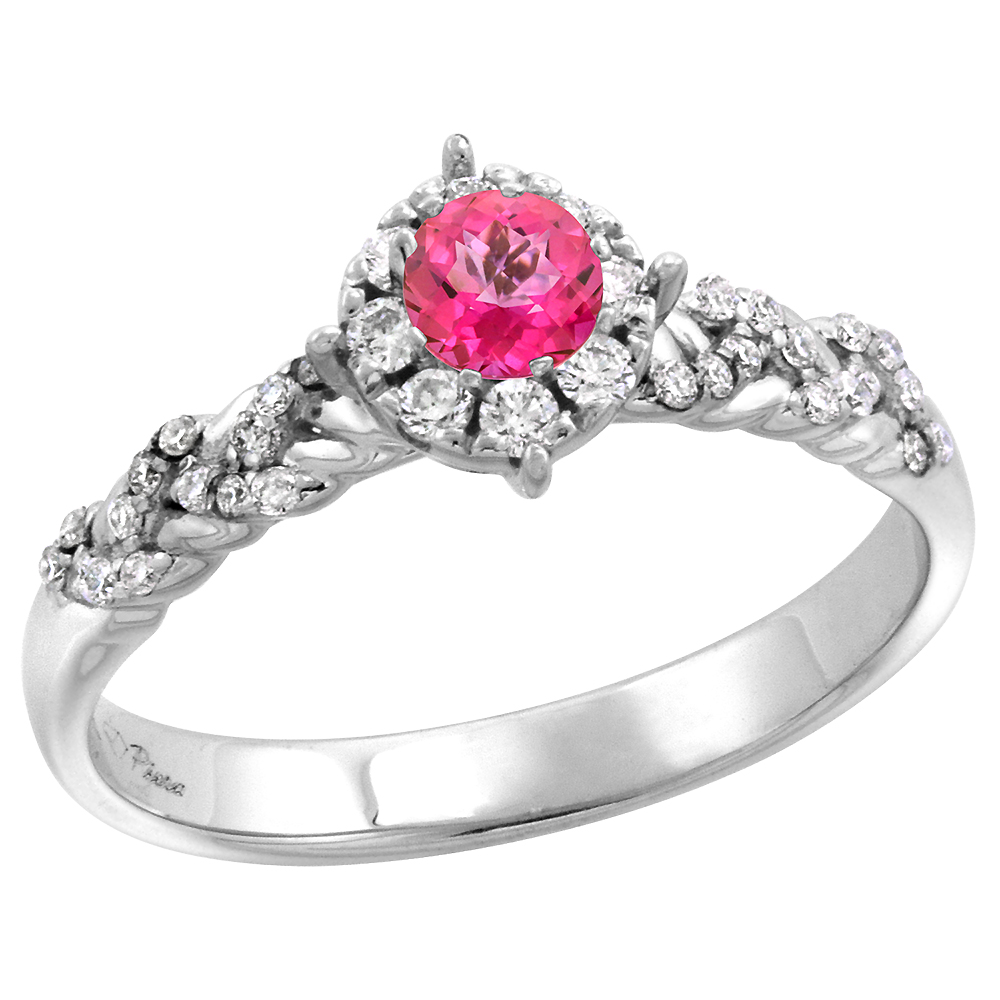 14k White Gold Diamond Halo Genuine Pink Topaz Engagement Ring Round Brilliant cut 4mm, size 5-10