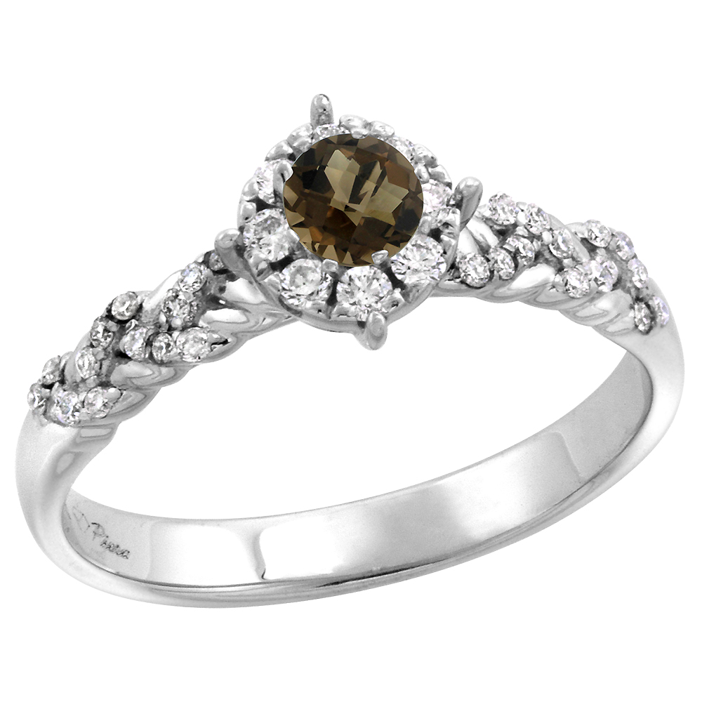 14k White Gold Diamond Halo Genuine Smoky Topaz Engagement Ring Round Brilliant cut 4mm, size 5-10