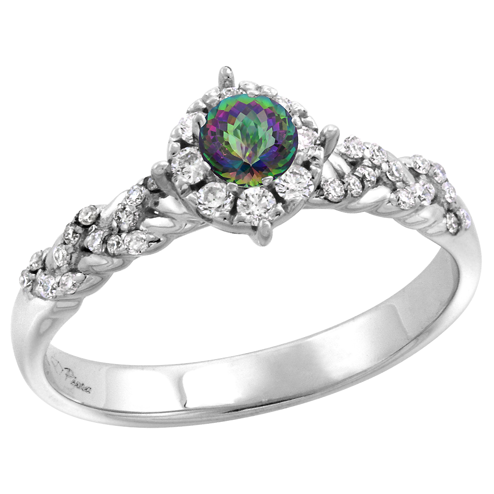 14k White Gold Diamond Halo Genuine Mystic Topaz Engagement Ring Round Brilliant cut 4mm, size 5-10