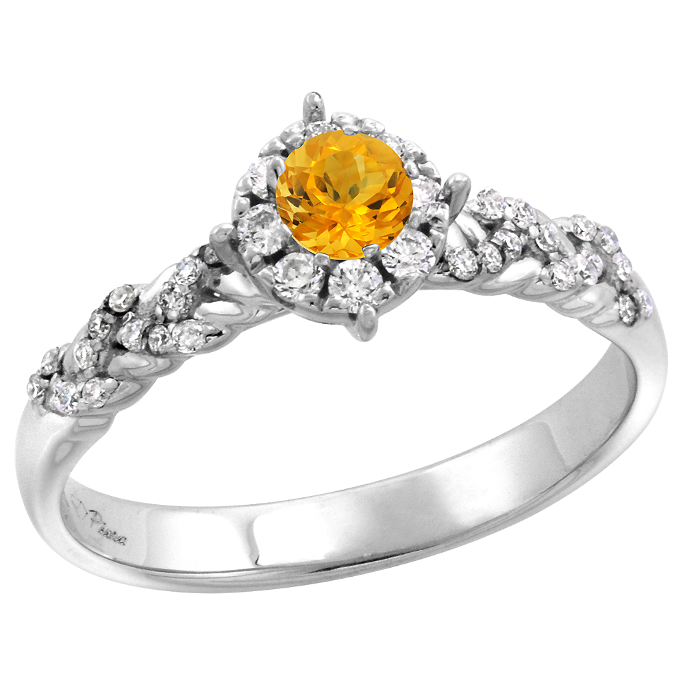 14k White Gold Diamond Halo Genuine Citrine Engagement Ring Round Brilliant cut 4mm, size 5-10