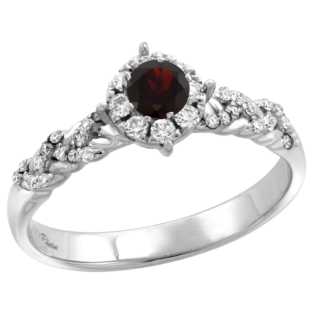 14k White Gold Diamond Halo Genuine Garnet Engagement Ring Round Brilliant cut 4mm, size 5-10
