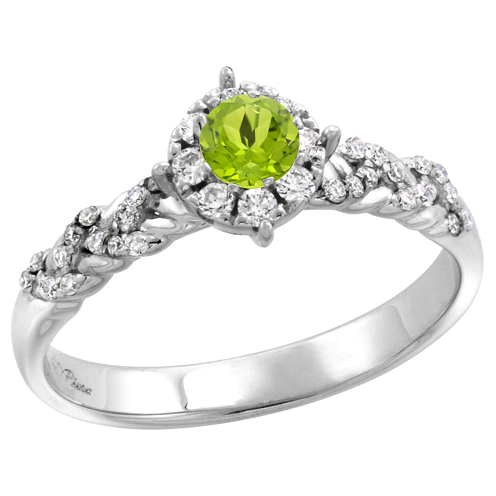 14k White Gold Diamond Halo Genuine Peridot Engagement Ring Round Brilliant cut 4mm, size 5-10