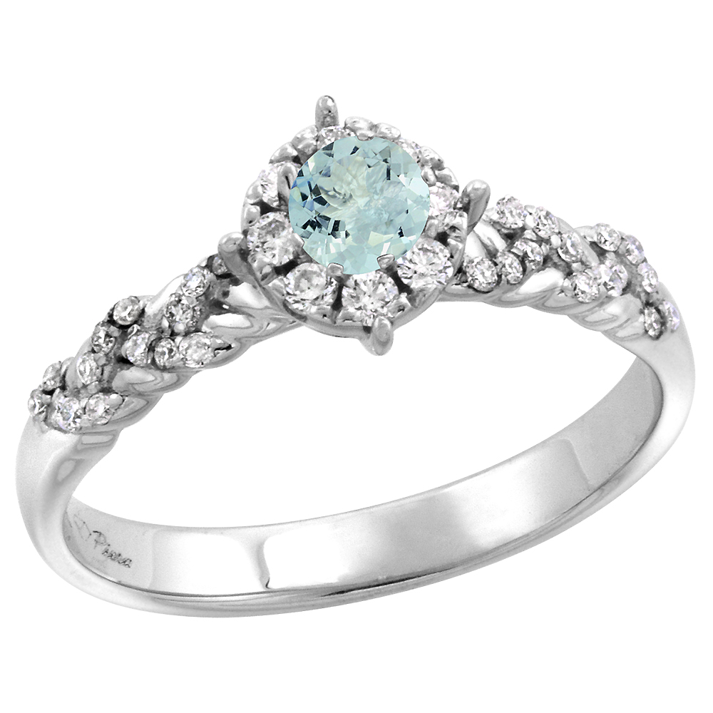 14k White Gold Diamond Halo Genuine Aquamarine Engagement Ring Round Brilliant cut 4mm, size 5-10
