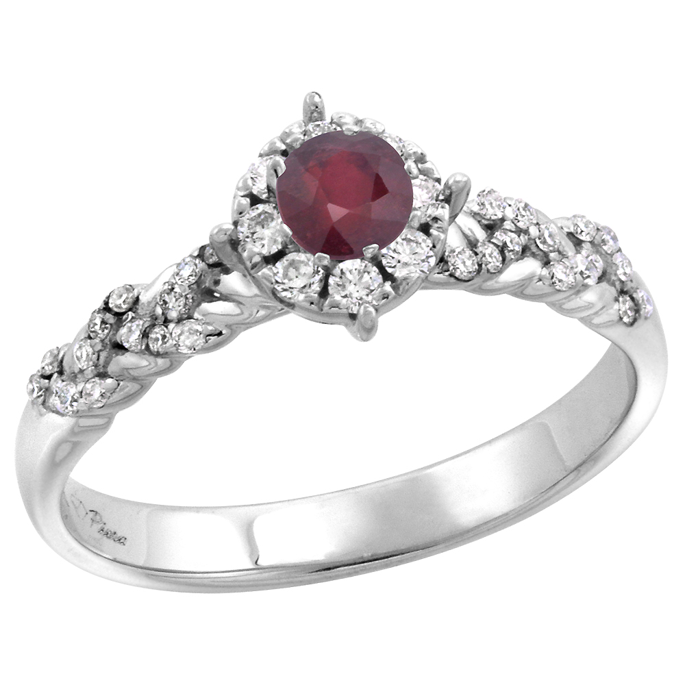 14k White Gold Diamond Halo Enhanced Genuine Ruby Engagement Ring Round Brilliant cut 4mm, size 5-10