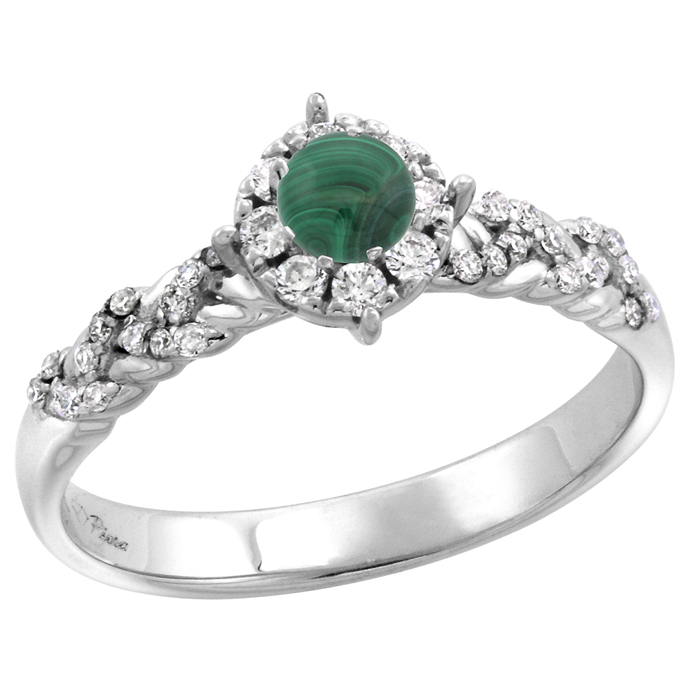 14k White Gold Diamond Halo Genuine Malachite Engagement Ring Round Brilliant cut 4mm, size 5-10