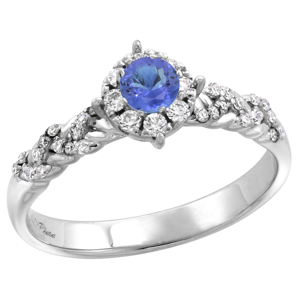 14k White Gold Diamond Halo Genuine Tanzanite Engagement Ring Round Brilliant cut 4mm, size 5-10