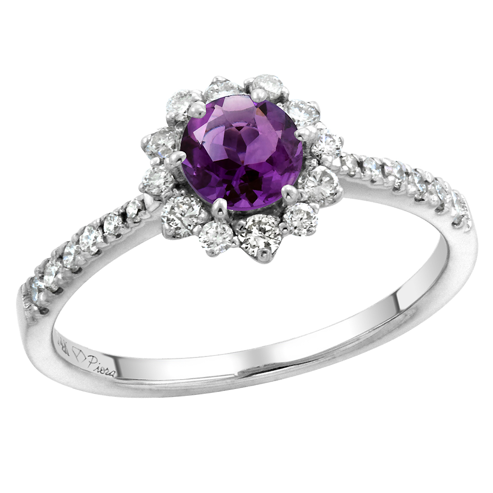 14k White Gold Diamond Halo Genuine Amethyst Engagement Ring Round Brilliant cut 6mm, size 5-10