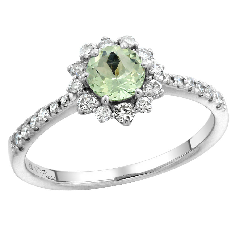14k White Gold Diamond Halo Genuine Green Amethyst Engagement Ring Round Brilliant cut 6mm, size 5-10