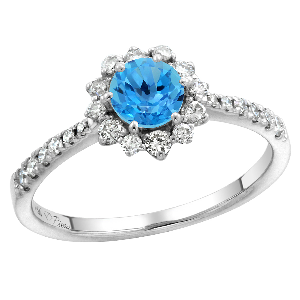 14k White Gold Diamond Halo Genuine Swiss Blue Topaz Engagement Ring Round Brilliant cut 6mm, size 5-10