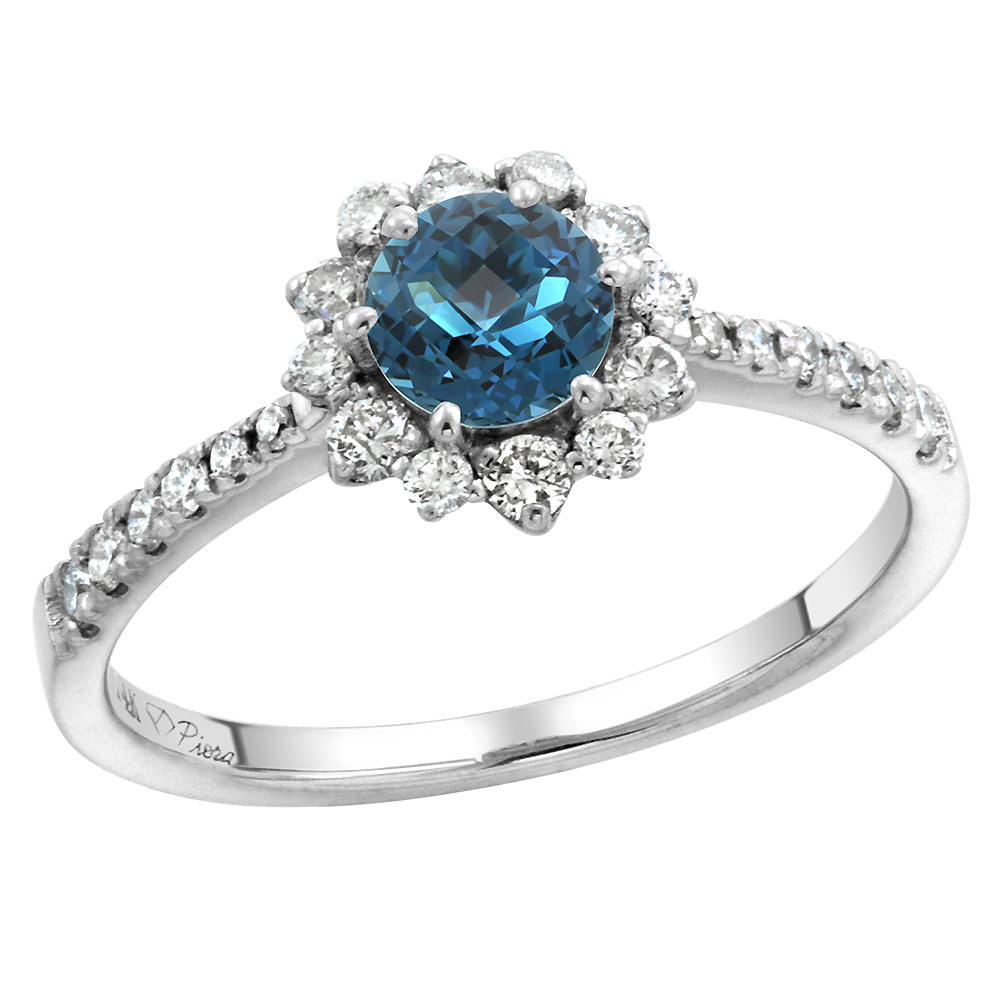 14k White Gold Diamond Halo Genuine London Blue Topaz Engagement Ring Round Brilliant cut 6mm, size 5-10