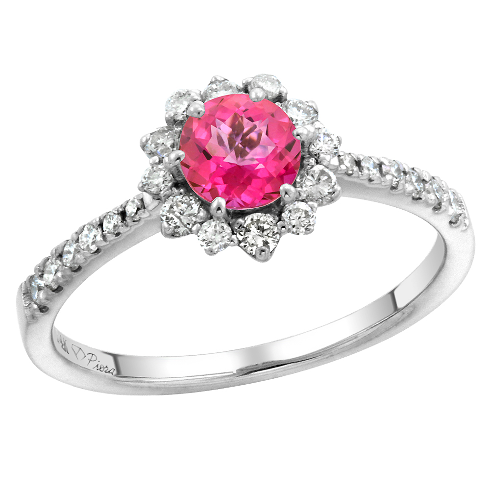 14k White Gold Diamond Halo Genuine Pink Topaz Engagement Ring Round Brilliant cut 6mm, size 5-10