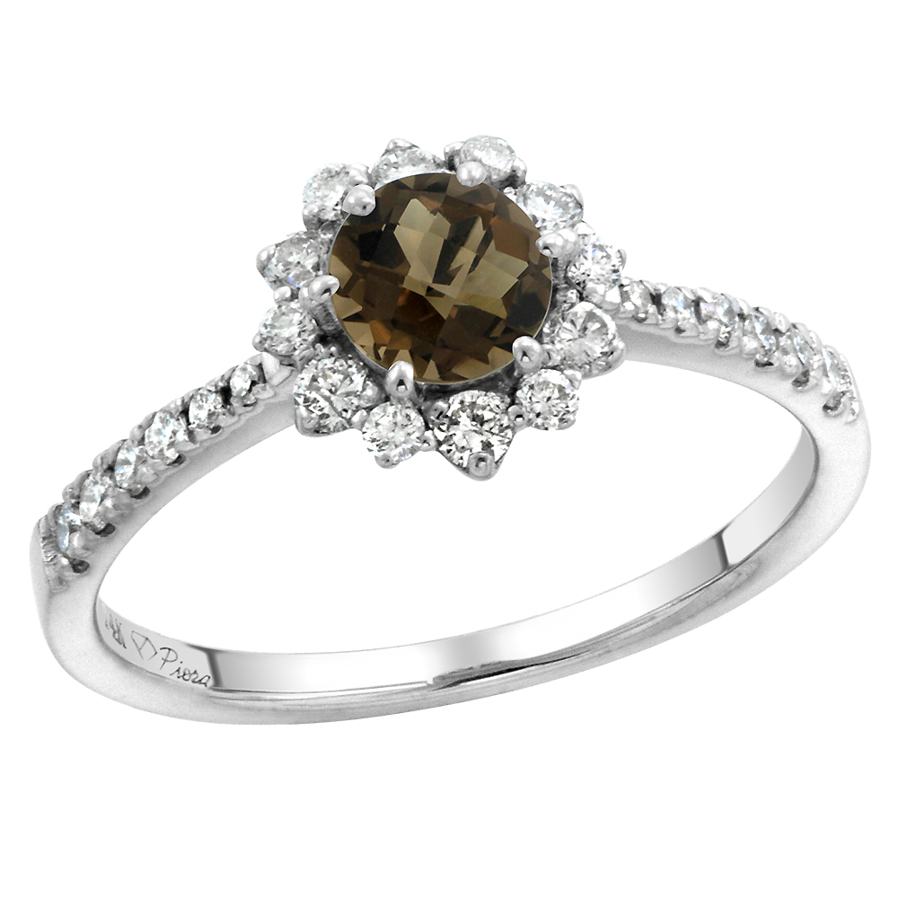 14k White Gold Diamond Halo Genuine Smoky Topaz Engagement Ring Round Brilliant cut 6mm, size 5-10