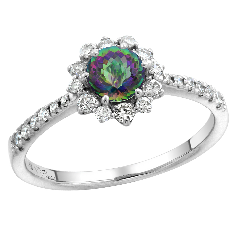 14k White Gold Diamond Halo Genuine Mystic Topaz Engagement Ring Round Brilliant cut 6mm, size 5-10