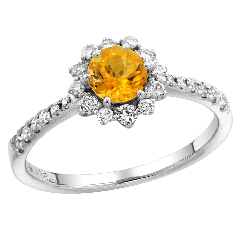 14k White Gold Diamond Halo Genuine Citrine Engagement Ring Round Brilliant cut 6mm, size 5-10