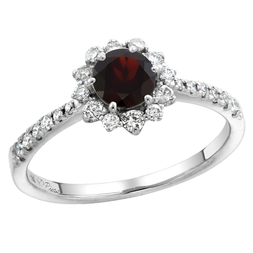14k White Gold Diamond Halo Genuine Garnet Engagement Ring Round Brilliant cut 6mm, size 5-10