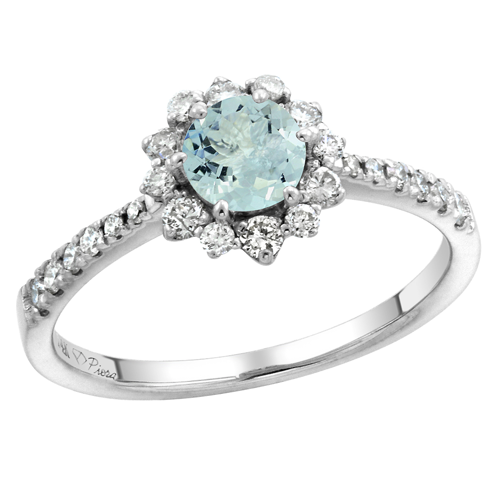 14k White Gold Diamond Halo Genuine Aquamarine Engagement Ring Round Brilliant cut 6mm, size 5-10