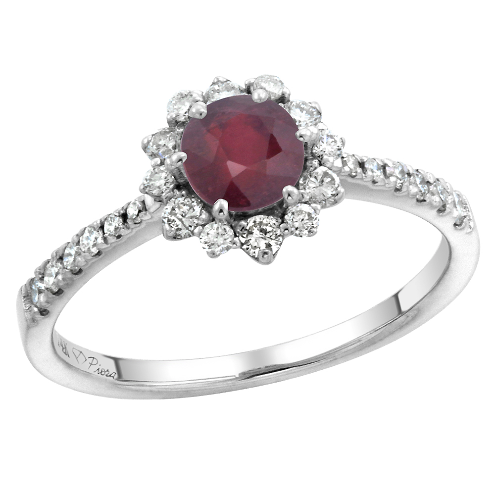 14k White Gold Diamond Halo Enhanced Genuine Ruby Engagement Ring Round Brilliant cut 6mm, size 5-10