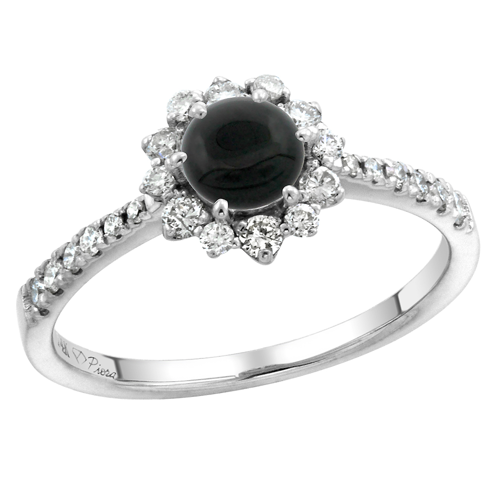 14k White Gold Diamond Halo Genuine Black Onyx Engagement Ring Round Brilliant cut 6mm, size 5-10