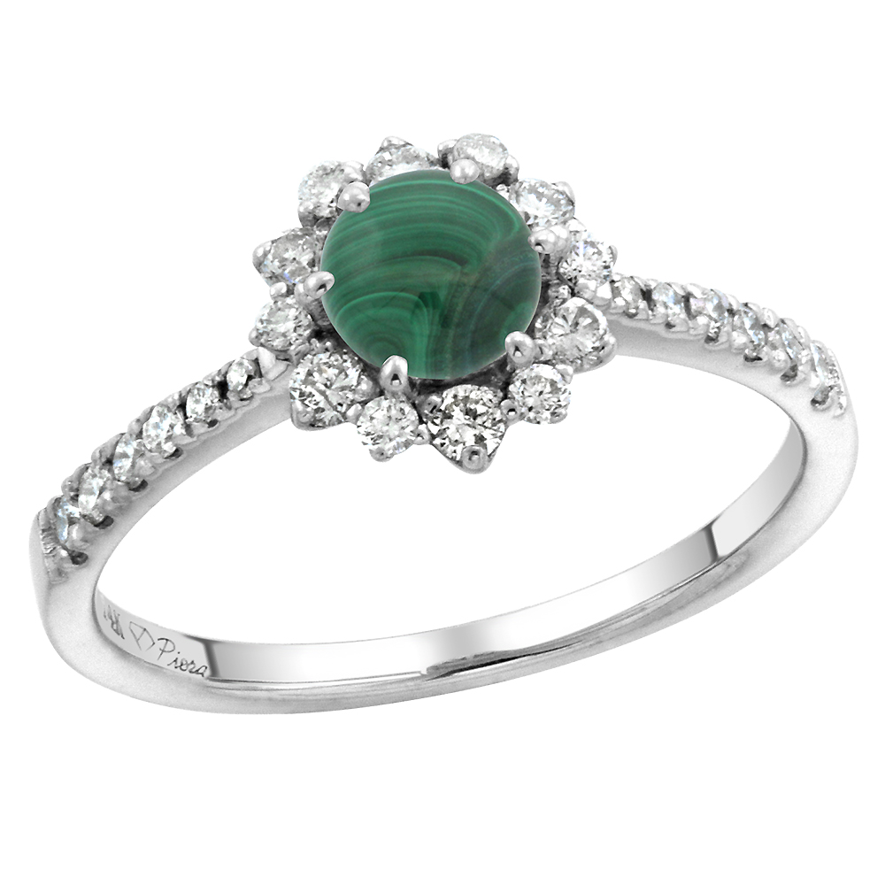 14k White Gold Diamond Halo Genuine Malachite Engagement Ring Round Brilliant cut 6mm, size 5-10