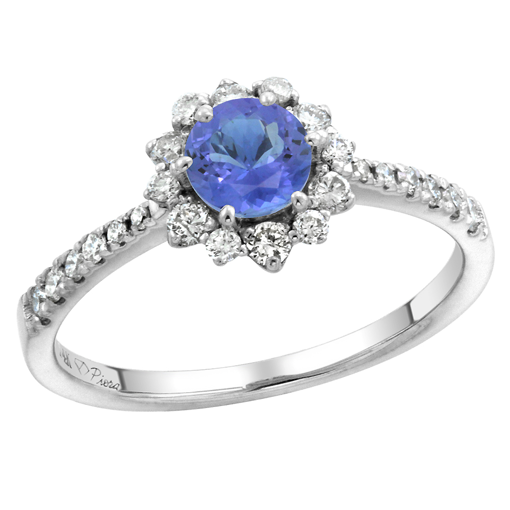 14k White Gold Diamond Halo Genuine Tanzanite Engagement Ring Round Brilliant cut 6mm, size 5-10