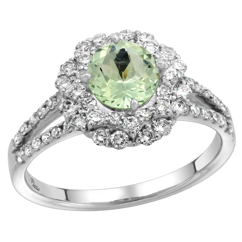 14k White Gold Diamond Halo Green Amethyst Engagement Ring Split Shank Round Brilliant cut 7mm, size 5-10