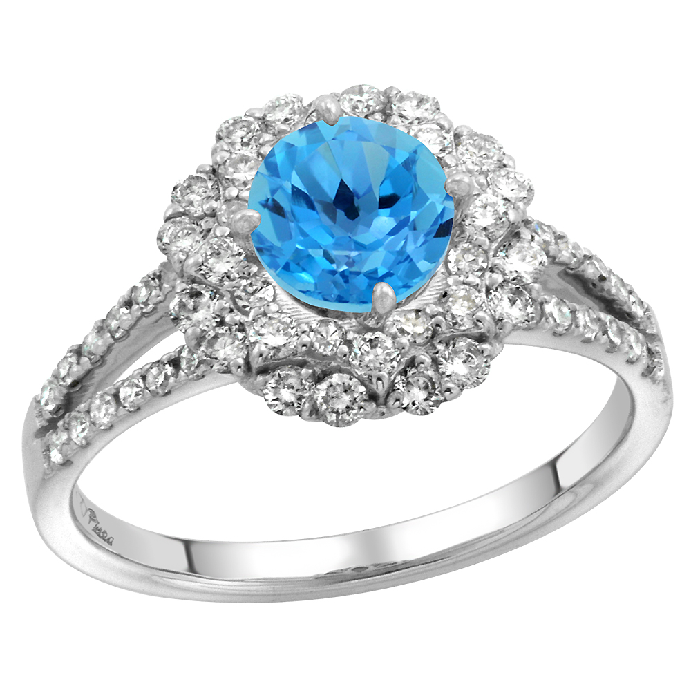 14k White Gold Diamond Halo Swiss Blue Topaz Engagement Ring Split Shank Round Brilliant cut 7mm,size5-10
