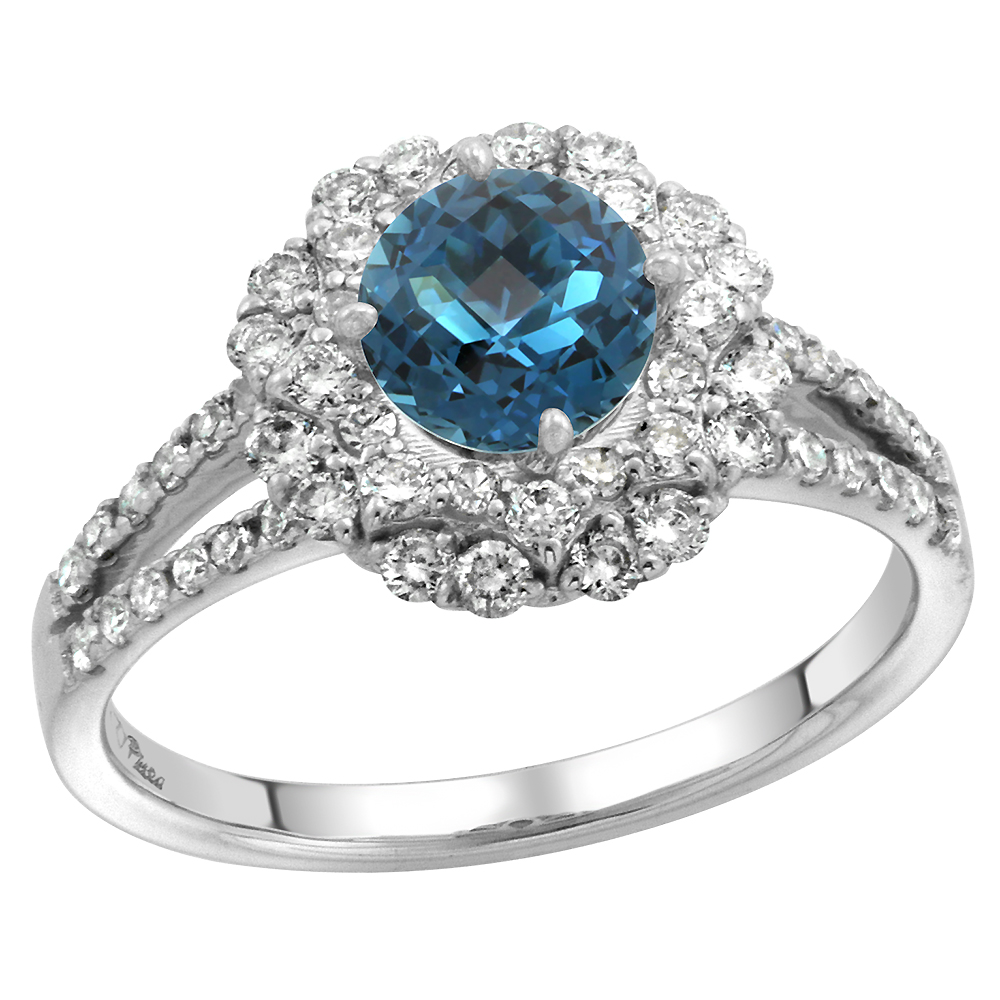 14k WhiteGold Diamond Halo London Blue Topaz Engagement Ring Split Shank Round Brilliant cut 7mm,size5-10