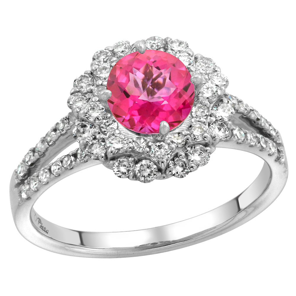 14k White Gold Diamond Halo Pink Topaz Engagement Ring Split Shank Round Brilliant cut 7mm, size 5-10