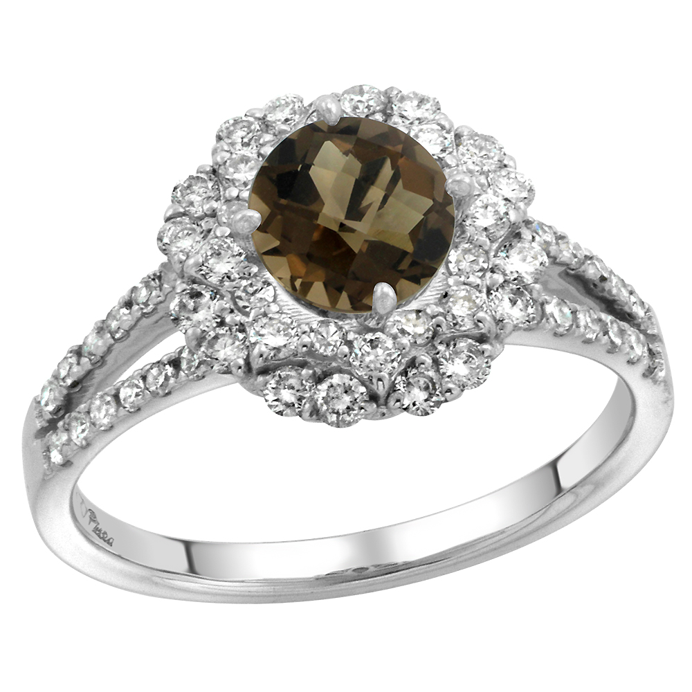 14k White Gold Diamond Halo Smoky Topaz Engagement Ring Split Shank Round Brilliant cut 7mm, size 5-10