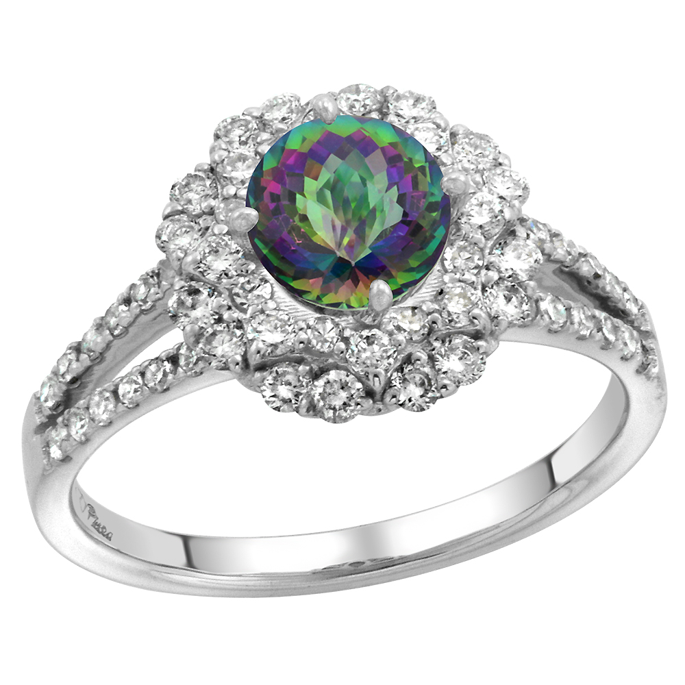 14k White Gold Diamond Halo Mystic Topaz Engagement Ring Split Shank Round Brilliant cut 7mm, size 5-10