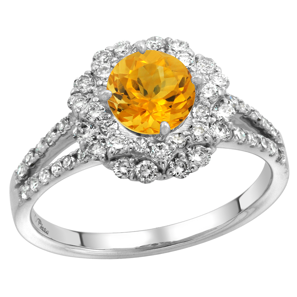 14k White Gold Diamond Halo Genuine Citrine Engagement Ring Split Shank Round Brilliant cut 7mm, size5-10