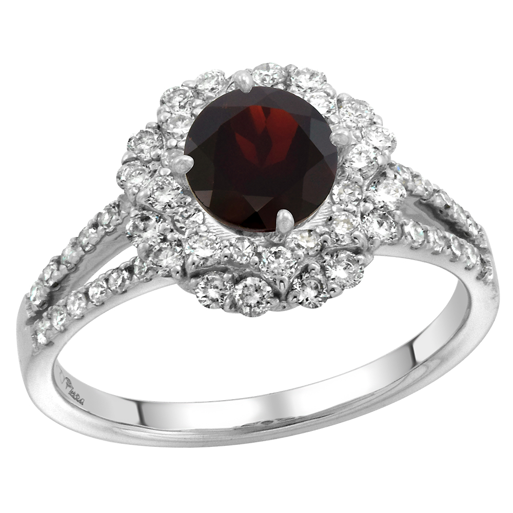 14k White Gold Diamond Halo Genuine Garnet Engagement Ring Split Shank Round Brilliant cut 7mm, size 5-10