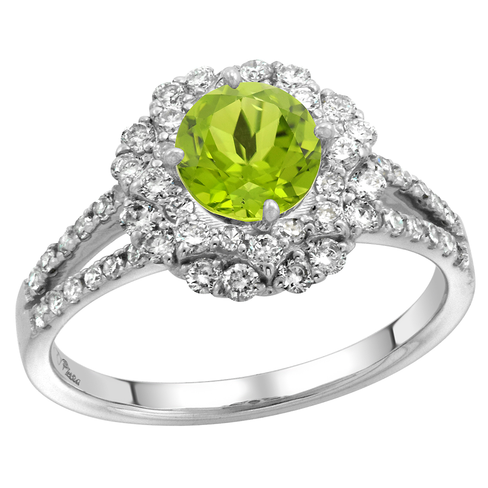 14k White Gold Diamond Halo Genuine Peridot Engagement Ring Split Shank Round Brilliant cut 7mm, size5-10