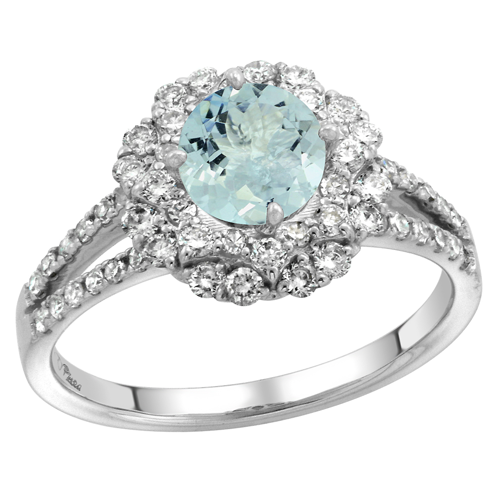 14k White Gold Diamond Halo Aquamarine Engagement Ring Split Shank Round Brilliant cut 7mm, size 5-10