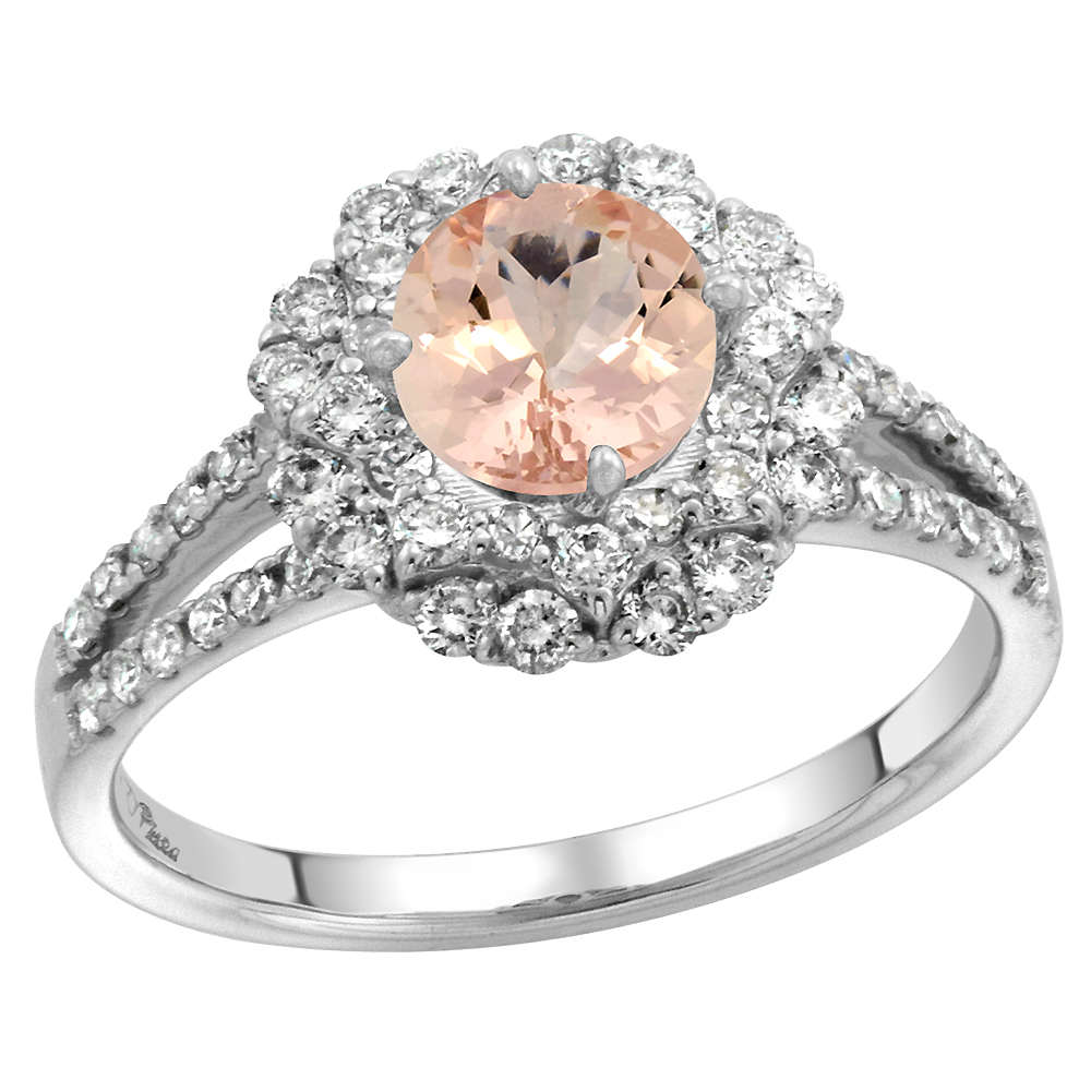 14k White Gold Diamond Halo Morganite Engagement Ring Split Shank Round Brilliant cut 7mm, size 5-10