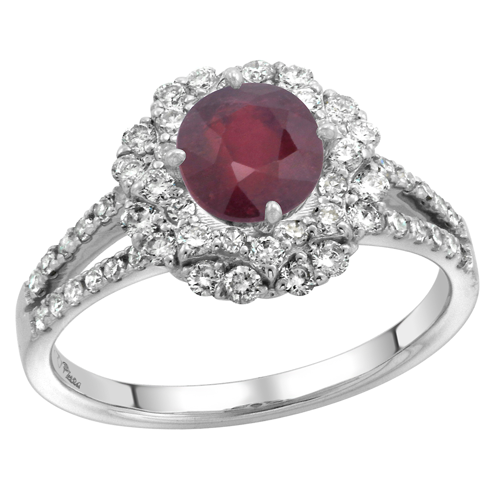 14k White Gold Diamond Halo Enhanced Genuine Ruby Engagement Ring Round Brilliant cut 7mm, size 5-10