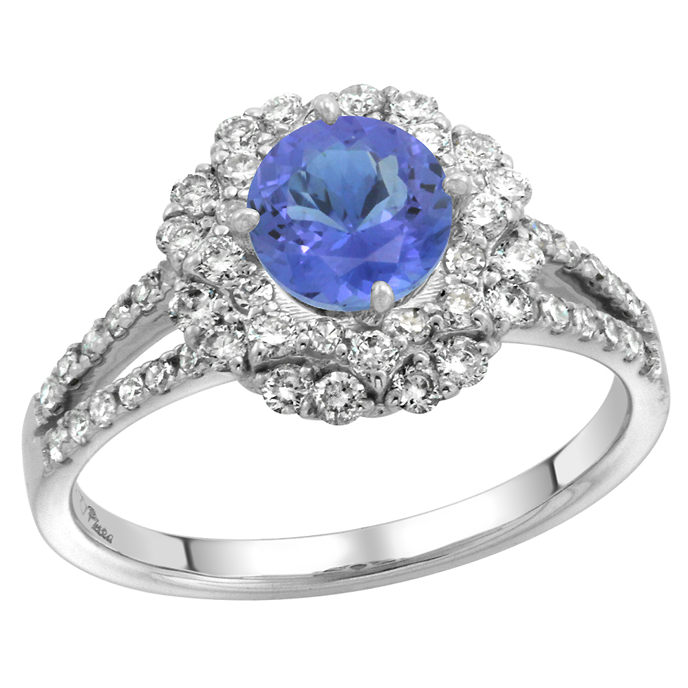 14k White Gold Diamond Halo Tanzanite Engagement Ring Split Shank Round Brilliant cut 7mm, size 5-10