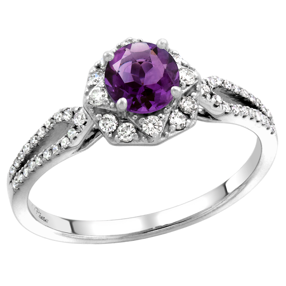 14k White Gold Diamond Halo Amethyst Engagement Ring Split Shank Round Brilliant cut 5mm, size 5-10