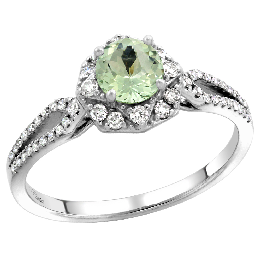 14k White Gold Diamond Halo Green Amethyst Engagement Ring Split Shank Round Brilliant cut 5mm, size 5-10