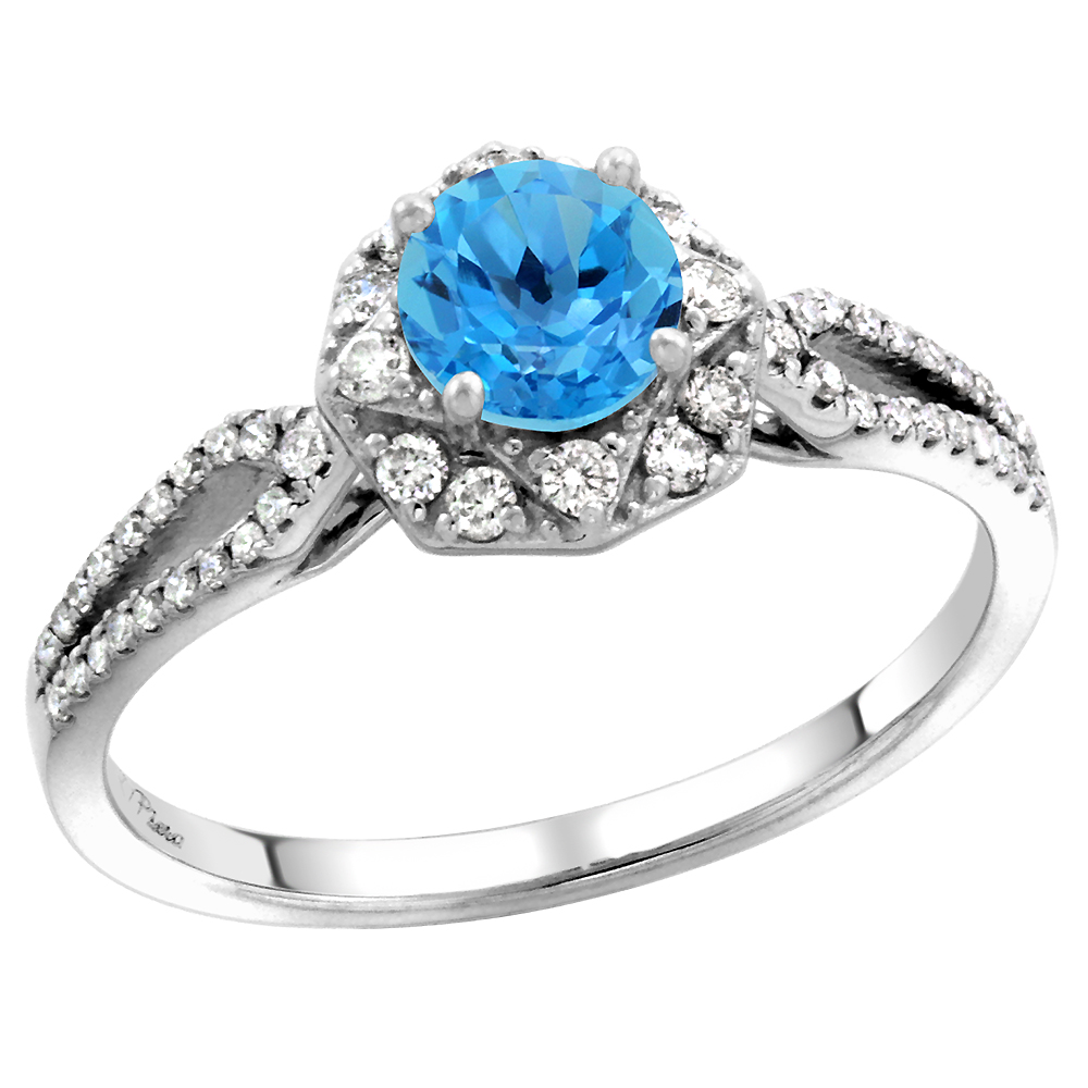 14k White Gold Diamond Halo Swiss Blue Topaz Engagement Ring Split Shank Round Brilliant cut 5mm,size5-10