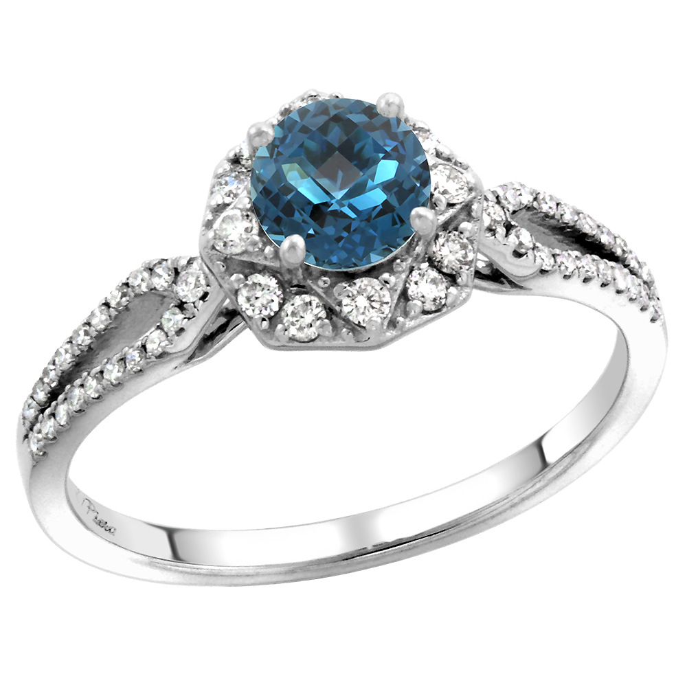 14k WhiteGold Diamond Halo London Blue Topaz Engagement Ring Split Shank Round Brilliant cut 5mm,size5-10