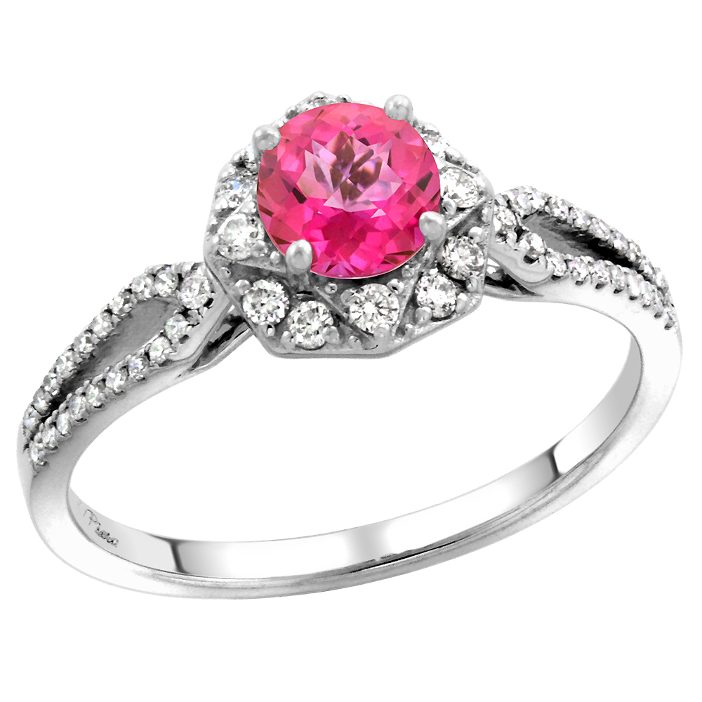 14k White Gold Diamond Halo Pink Topaz Engagement Ring Split Shank Round Brilliant cut 5mm, size 5-10