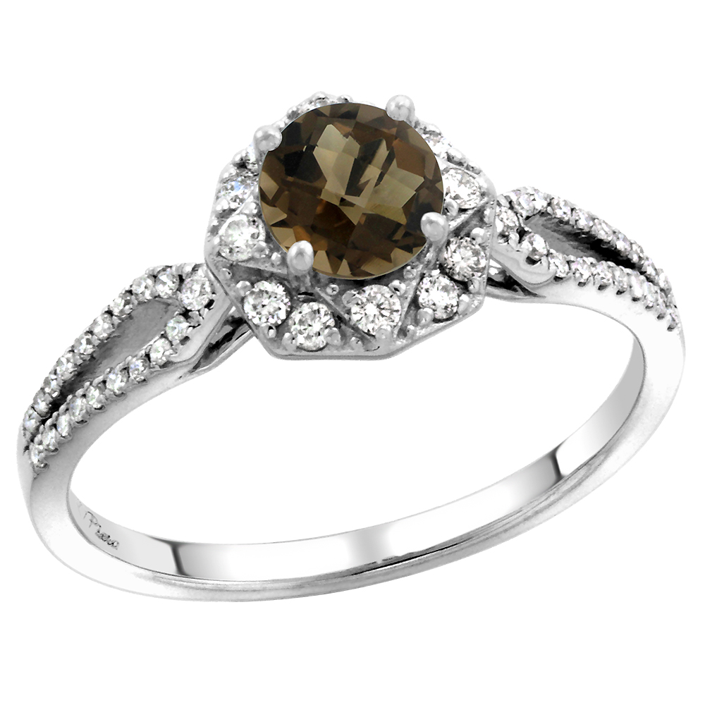14k White Gold Diamond Halo Smoky Topaz Engagement Ring Split Shank Round Brilliant cut 5mm, size 5-10