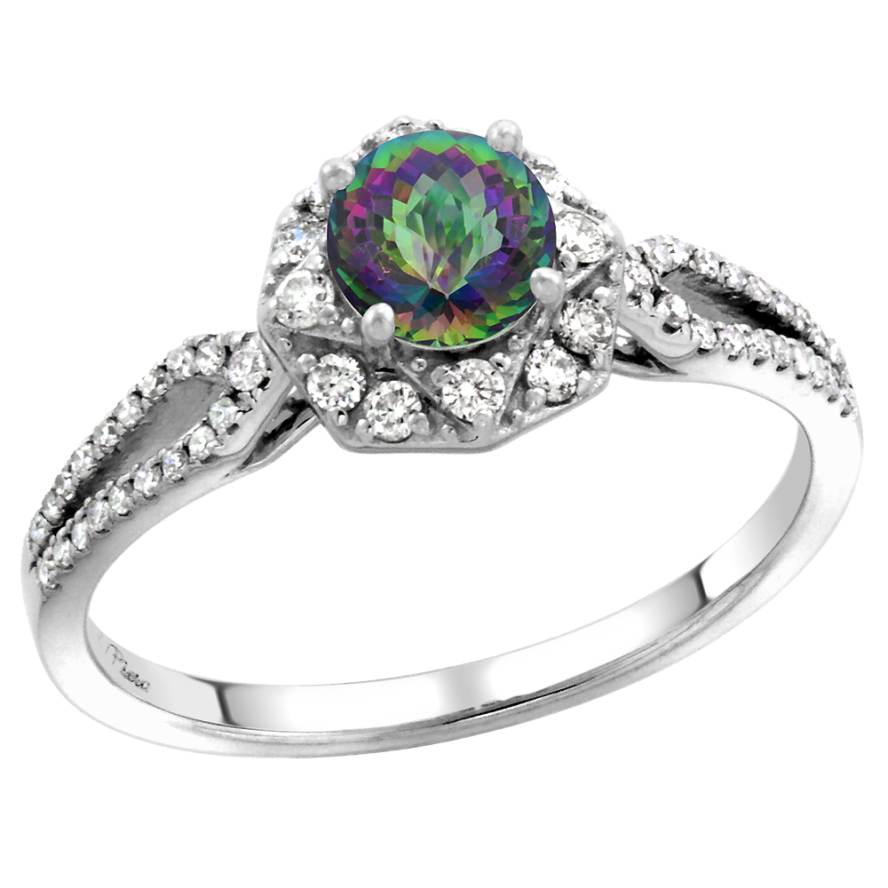 14k White Gold Diamond Halo Mystic Topaz Engagement Ring Split Shank Round Brilliant cut 5mm, size 5-10
