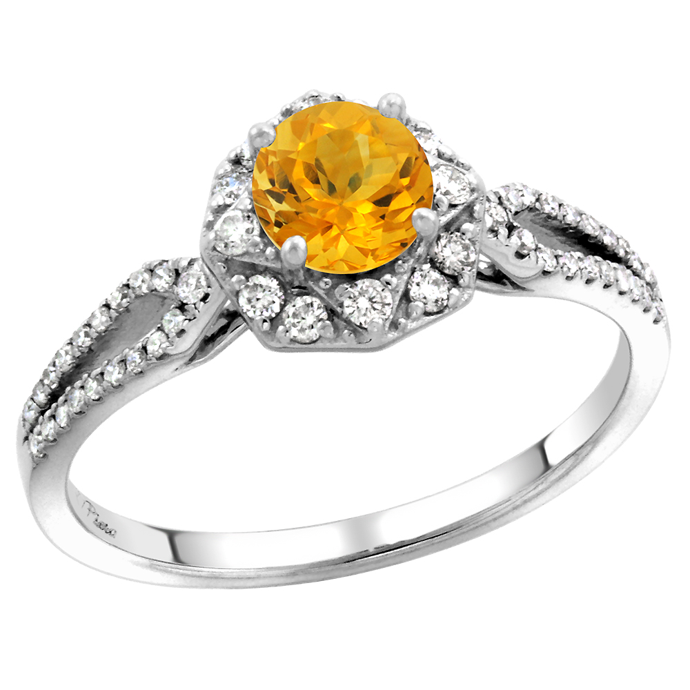 14k White Gold Diamond Halo Genuine Citrine Engagement Ring Split Shank Round Brilliant cut 5mm, size5-10