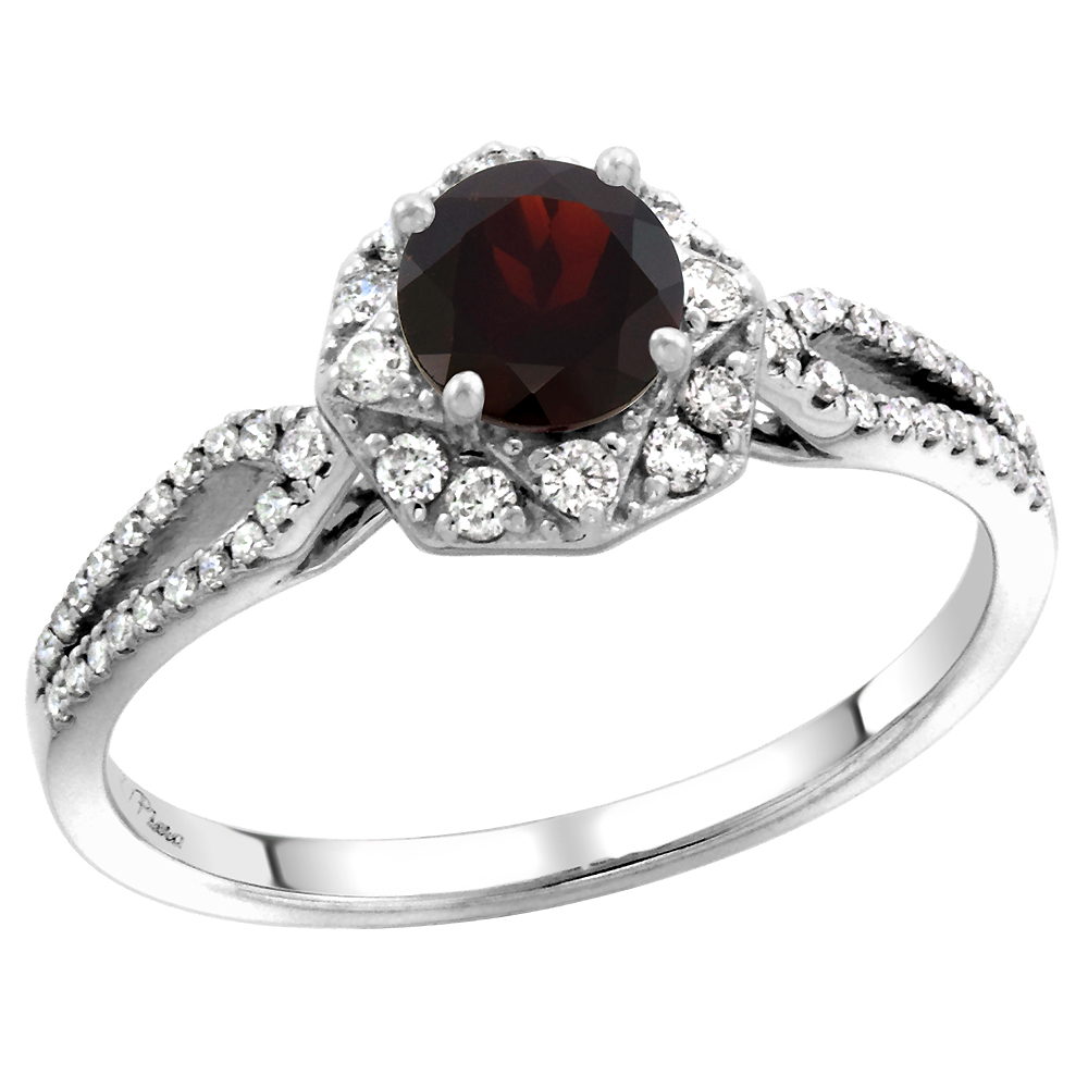14k White Gold Diamond Halo Genuine Garnet Engagement Ring Split Shank Round Brilliant cut 5mm, size 5-10
